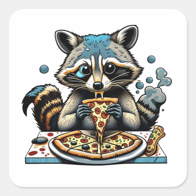 Raccoon eats Pizza Square Sticker (Front)