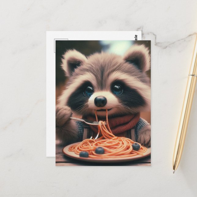 Raccoon Eats Spaghetti Postcard (Front/Back In Situ)