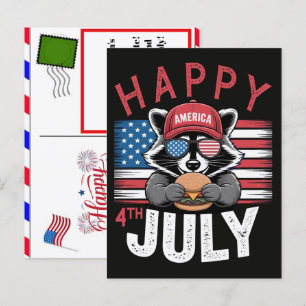 Raccoon enjoying a burger for fourth of july holiday postcard