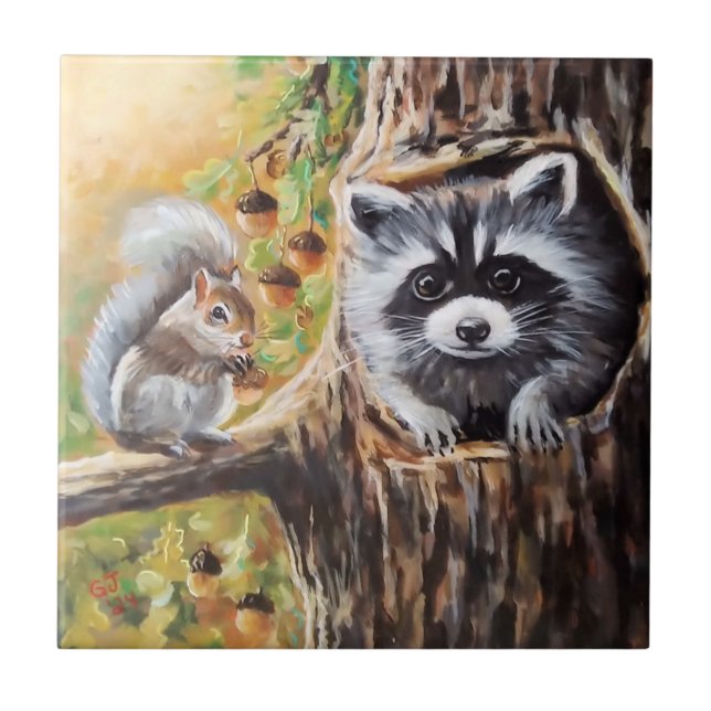 Raccoon et écureuil gris Carreaux décoratifs (Devant)