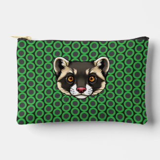 Raccoon Face with Orange Eyes on Green Polka Dots Accessory Pouch