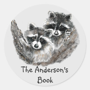 Raccoon Family  Book Plate to Customize Classic Round Sticker