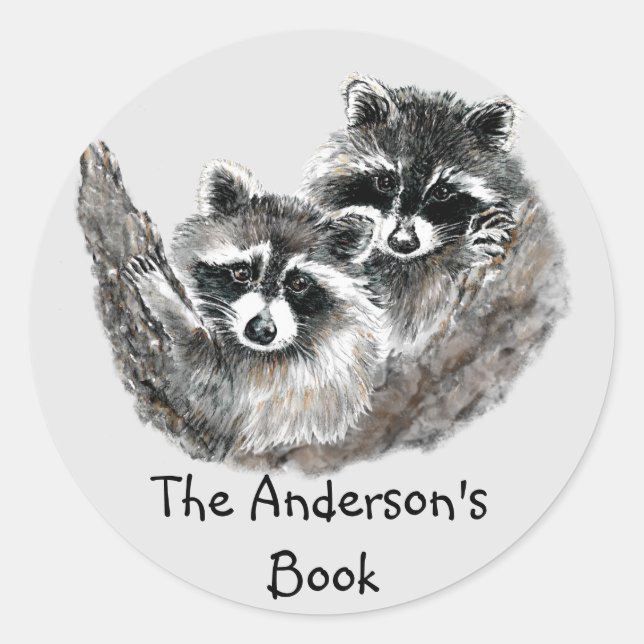 Raccoon Family  Book Plate to Customize Classic Round Sticker (Front)