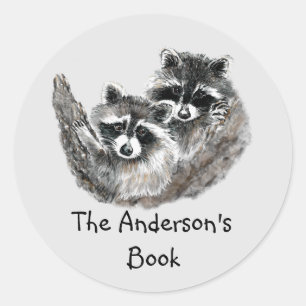 Raccoon Family  Book Plate to Customize Classic Round Sticker