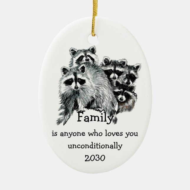 Raccoon Family Friends Love Quote Christmas Ceramic Ornament (Front)