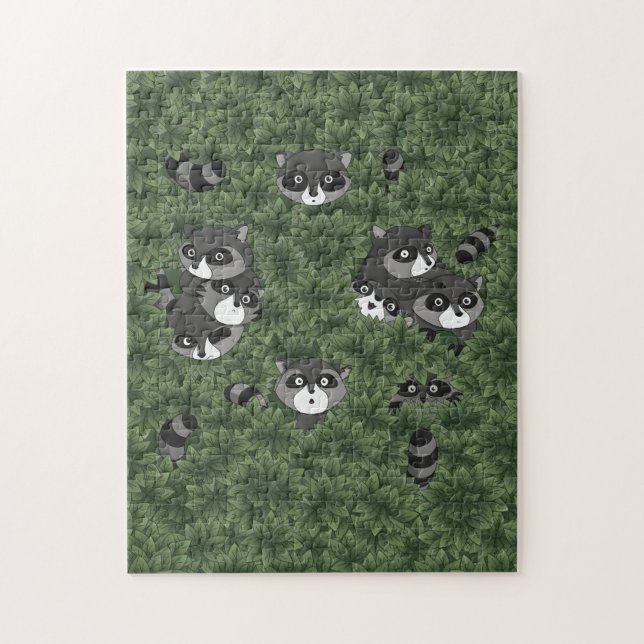 Raccoon Family in a Bush Jigsaw Puzzle (Vertical)