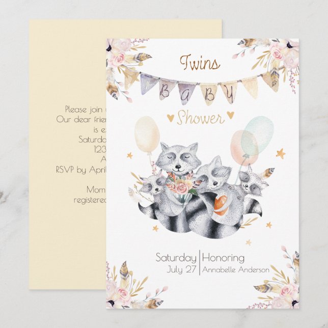 Raccoon Family Twins Boho Baby Shower Invitation (Front/Back)