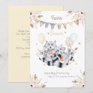 Raccoon Family Twins Boho Baby Shower Invitation