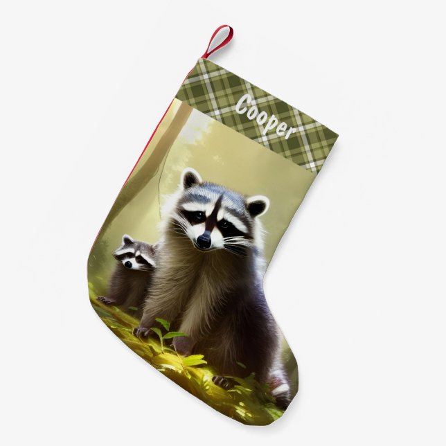 Raccoon Family Wildlife Portrait Personalized  Small Christmas Stocking (Front (Hanging))