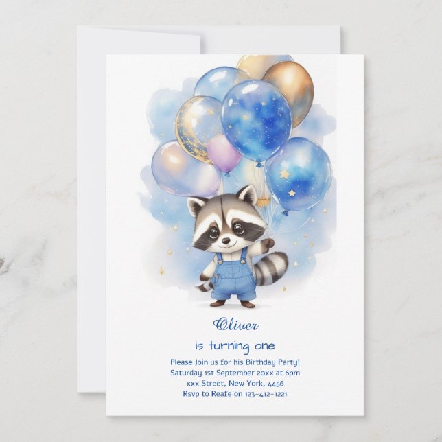 Raccoon First Birthday Invitation (Front)