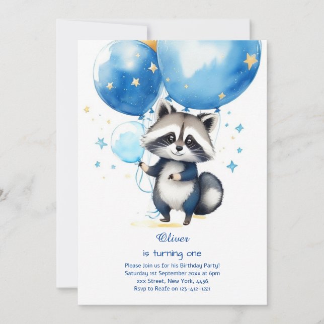 Raccoon First Birthday Invitation (Front)