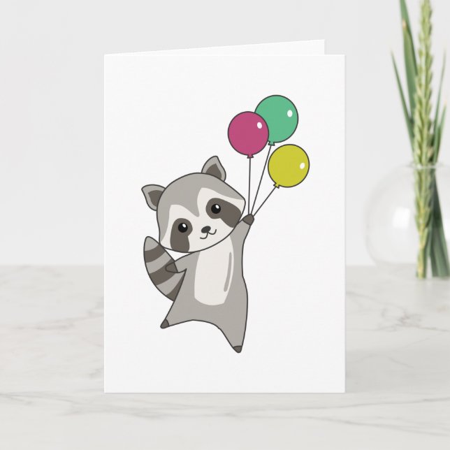 Raccoon Flies Balloons Above Cute Animals For Kids Card (Front)