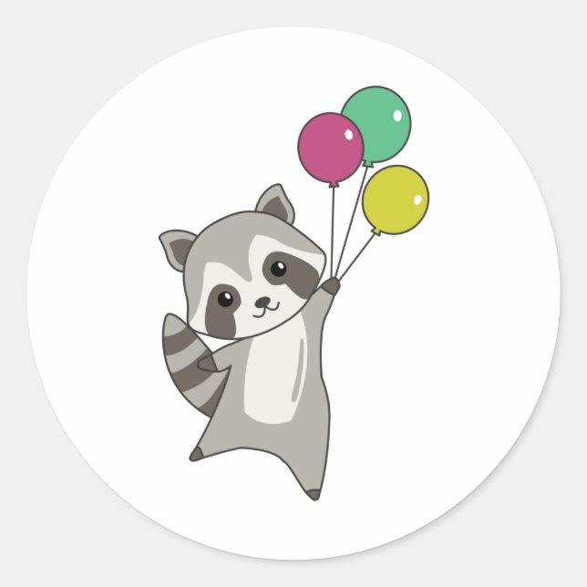 Raccoon Flies Balloons Above Cute Animals For Kids Classic Round Sticker (Front)