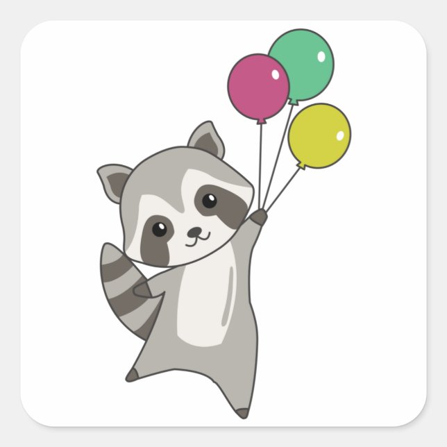 Raccoon Flies Balloons Above Cute Animals For Kids Square Sticker (Front)