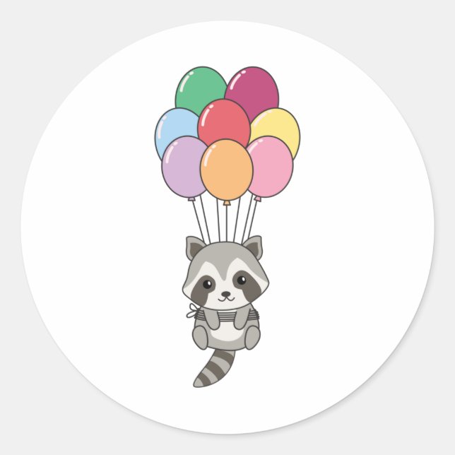 Raccoon Flies Up With Colourful Balloons Classic Round Sticker (Front)
