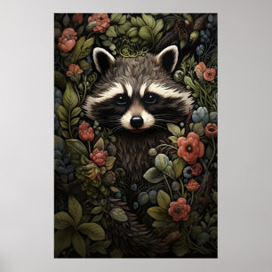 Raccoon Floral Botanical Print, Dark Academia Wall Poster