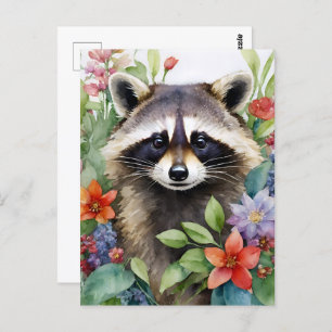 Raccoon Floral Watercolor Art Postcard