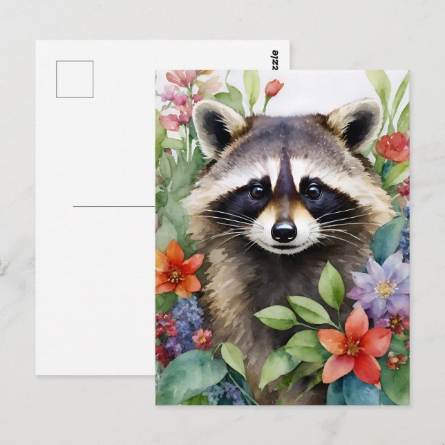 Raccoon Floral Watercolor Art Postcard (Front/Back)