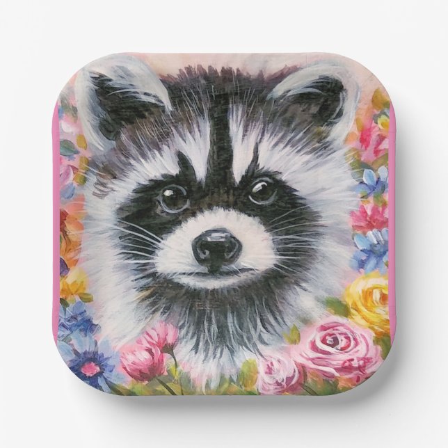 Raccoon & flowers paper plate (Front)