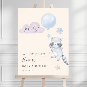 Raccoon Flying Balloon Boy Baby Shower Welcome Poster