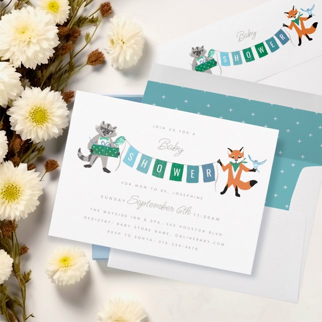 Raccoon Fox Forest Friends Blue Baby Shower Invitation (Creator Uploaded)