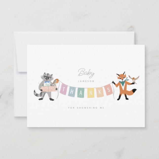 Raccoon Fox Forest Friends Pastel Baby Shower Thank You Card (Front)