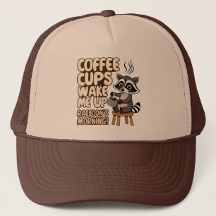 Raccoon funny morning  with coffee cup trucker hat