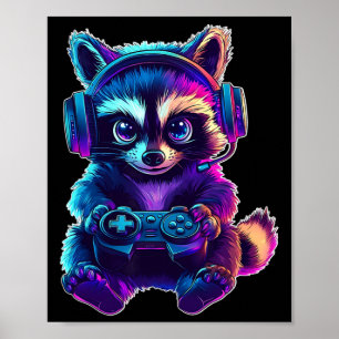 Raccoon Gamer Shirt Funny Video Game Animal Gaming Poster