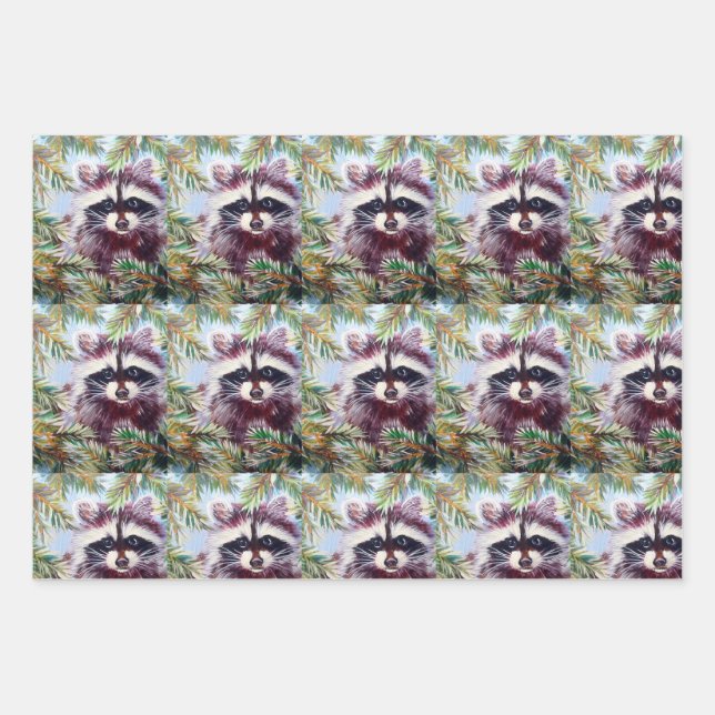 Raccoon greenery Christmas Wrapping Paper (Front 3)