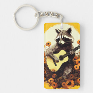 Raccoon Guitar Serenade in Sunflowers Keychain