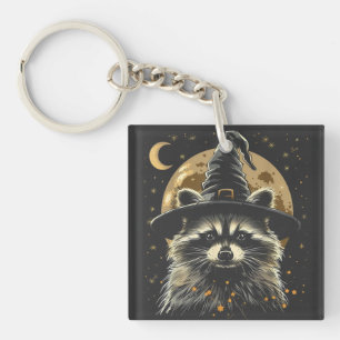 Raccoon Halloween Wizard Hat Funny Cute Witch Keychain