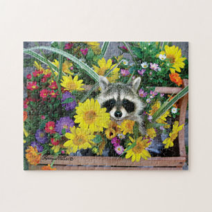 Raccoon Hiding in Flowers Jigsaw Puzzle