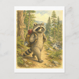Raccoon Hiking Illustration Postcard