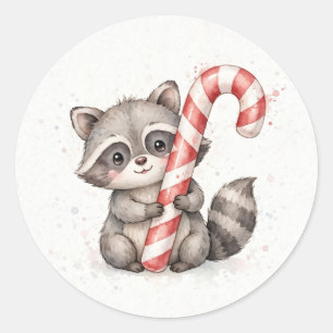 Raccoon Holding Giant Candy Cane Classic Round Sticker