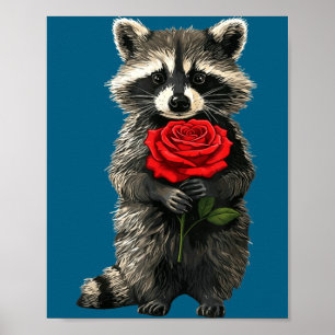 Raccoon Holding Red Rose Cute Raccoon Valentine An Poster