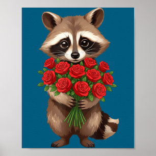 Raccoon Holding Red Rose Cute Raccoon Valentine An Poster