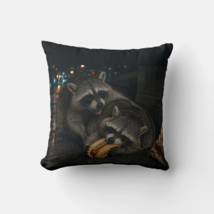 Raccoon Hot Dog Night Scene Throw Pillow