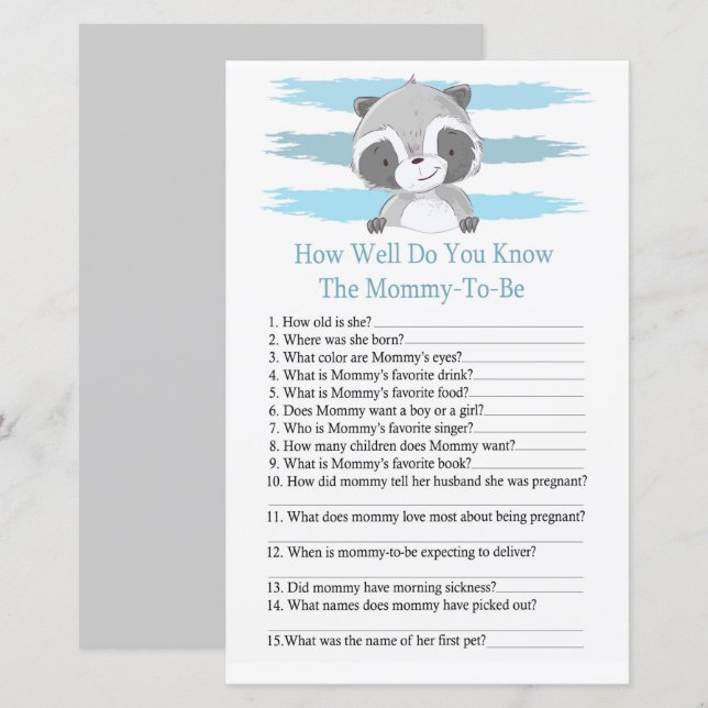 Raccoon How well do you know baby shower (Front/Back)