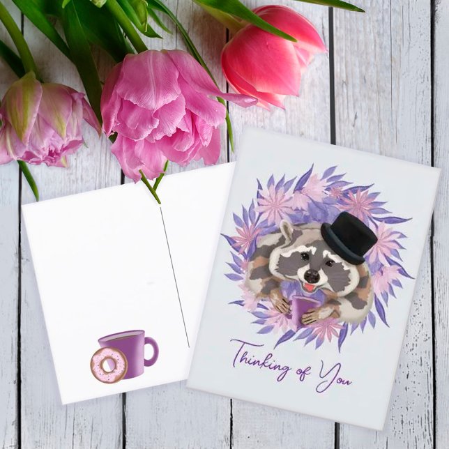 Raccoon in a hat with a mug of coffee.   postcard (Creator Uploaded)