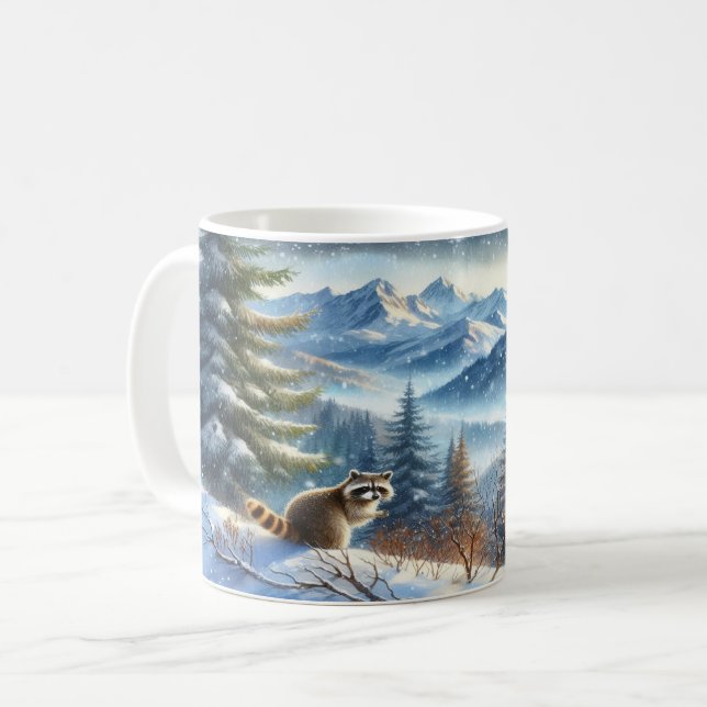 Raccoon in a Snowy Mountain Forest  Coffee Mug (Front Left)