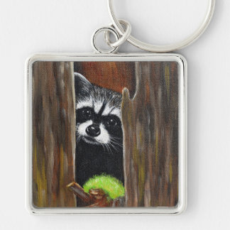 Raccoon in a Tree Painting Keychain