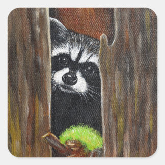 Raccoon in a Tree Painting Square Sticker