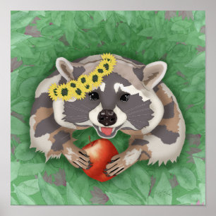 Raccoon in a wreath of sunflowers poster