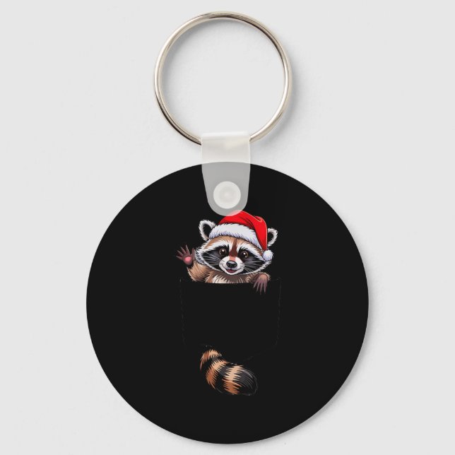Raccoon In Cket Funny Xmas Santa Hat Graphic  Keychain (Front)