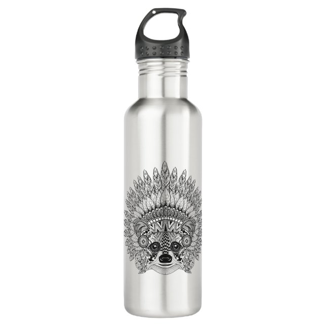 Raccoon In Feathered War Bonnet Doodle 710 Ml Water Bottle (Front)