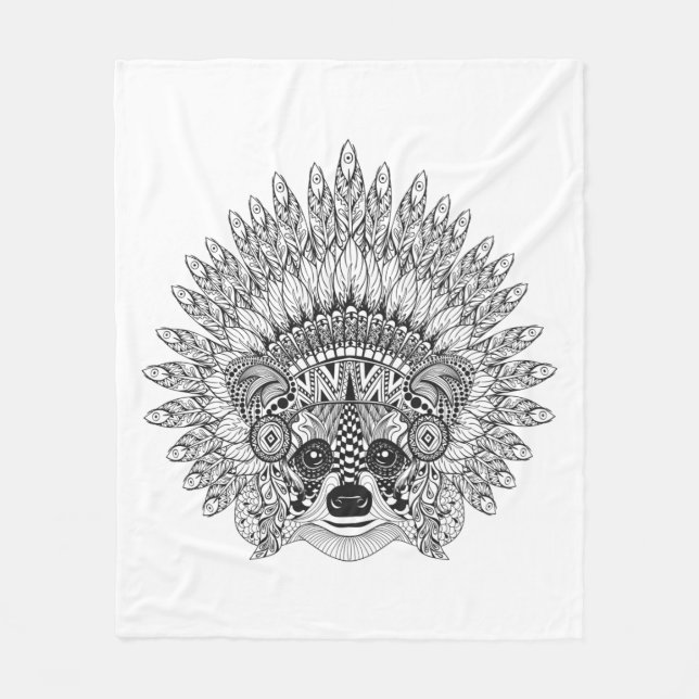 Raccoon In Feathered War Bonnet Doodle Fleece Blanket (Front)