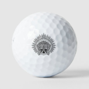 Raccoon In Feathered War Bonnet Doodle Golf Balls