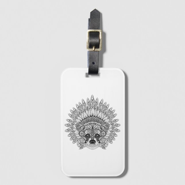 Raccoon In Feathered War Bonnet Doodle Luggage Tag (Front Vertical)