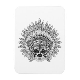 Raccoon In Feathered War Bonnet Doodle Magnet