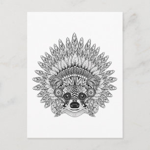 Raccoon In Feathered War Bonnet Doodle Postcard